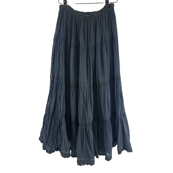 Bhag's Dresses & Skirts - Bhag’s Cotton Tiered Maxi Skirt Black Crochet Elastic Waist Lined Free Size